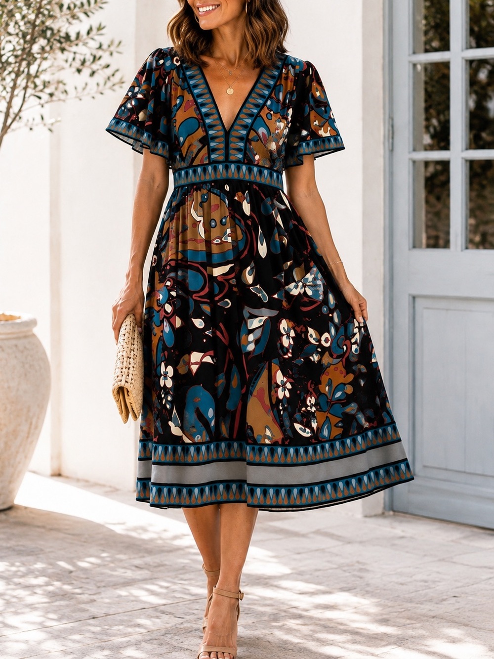 BCBGMAXAZRIA Abstract Boho Flutter Sleeve Midi Dress L